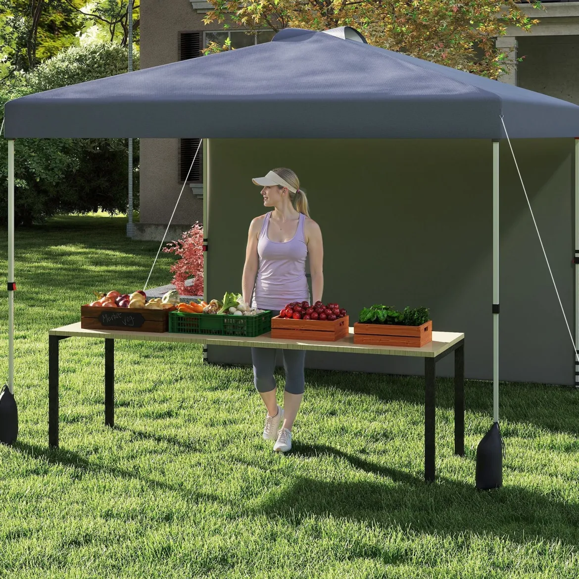 3 x 3 m Pop-up-Pavillon mit Seitenwand tragbarer Gartenpavillon inkl. Schattenspender mit Rolltasche Grau