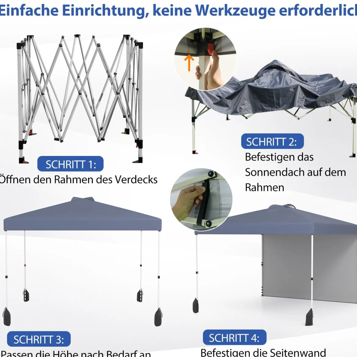 3 x 3 m Pop-up-Pavillon mit Seitenwand tragbarer Gartenpavillon inkl. Schattenspender mit Rolltasche Grau