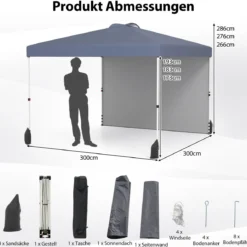 3 x 3 m Pop-up-Pavillon mit Seitenwand tragbarer Gartenpavillon inkl. Schattenspender mit Rolltasche Grau