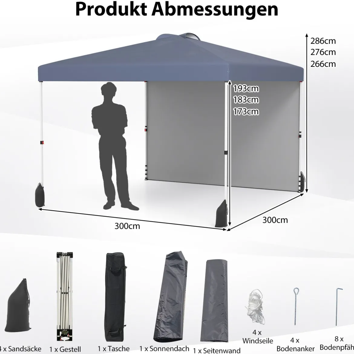 3 x 3 m Pop-up-Pavillon mit Seitenwand tragbarer Gartenpavillon inkl. Schattenspender mit Rolltasche Grau
