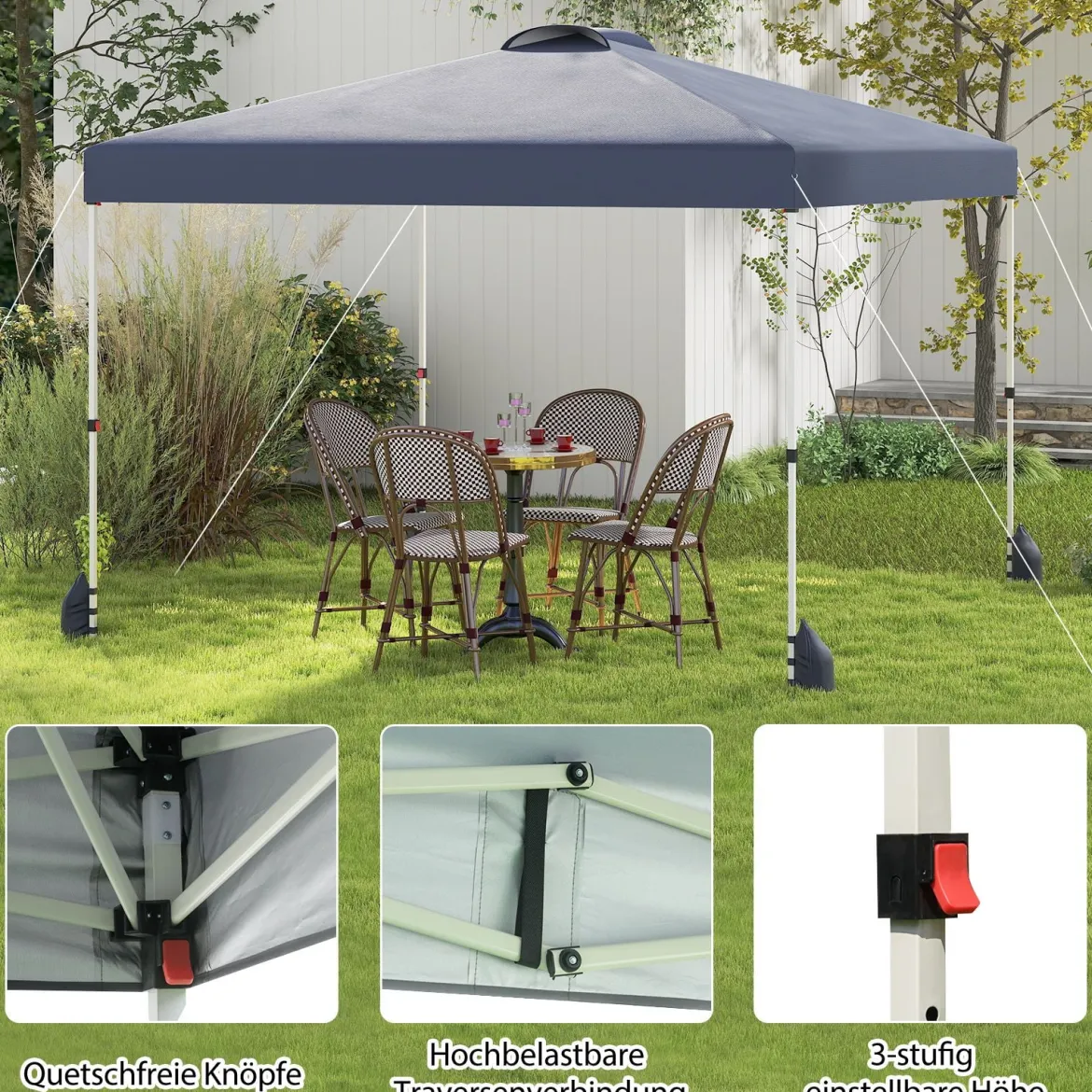 3 x 3 m Pop-up-Pavillon mit Seitenwand tragbarer Gartenpavillon inkl. Schattenspender mit Rolltasche Grau