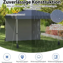 3 x 3 m Pop-up-Pavillon mit Seitenwand tragbarer Gartenpavillon inkl. Schattenspender mit Rolltasche Grau