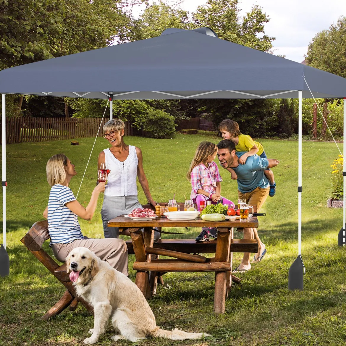 3 x 3 m Pop-up-Pavillon mit Seitenwand tragbarer Gartenpavillon inkl. Schattenspender mit Rolltasche Grau