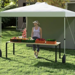 3 x 3 m Pop-up-Pavillon mit Seitenwand tragbarer Gartenpavillon inkl. Schattenspender mit Rolltasche Weiß