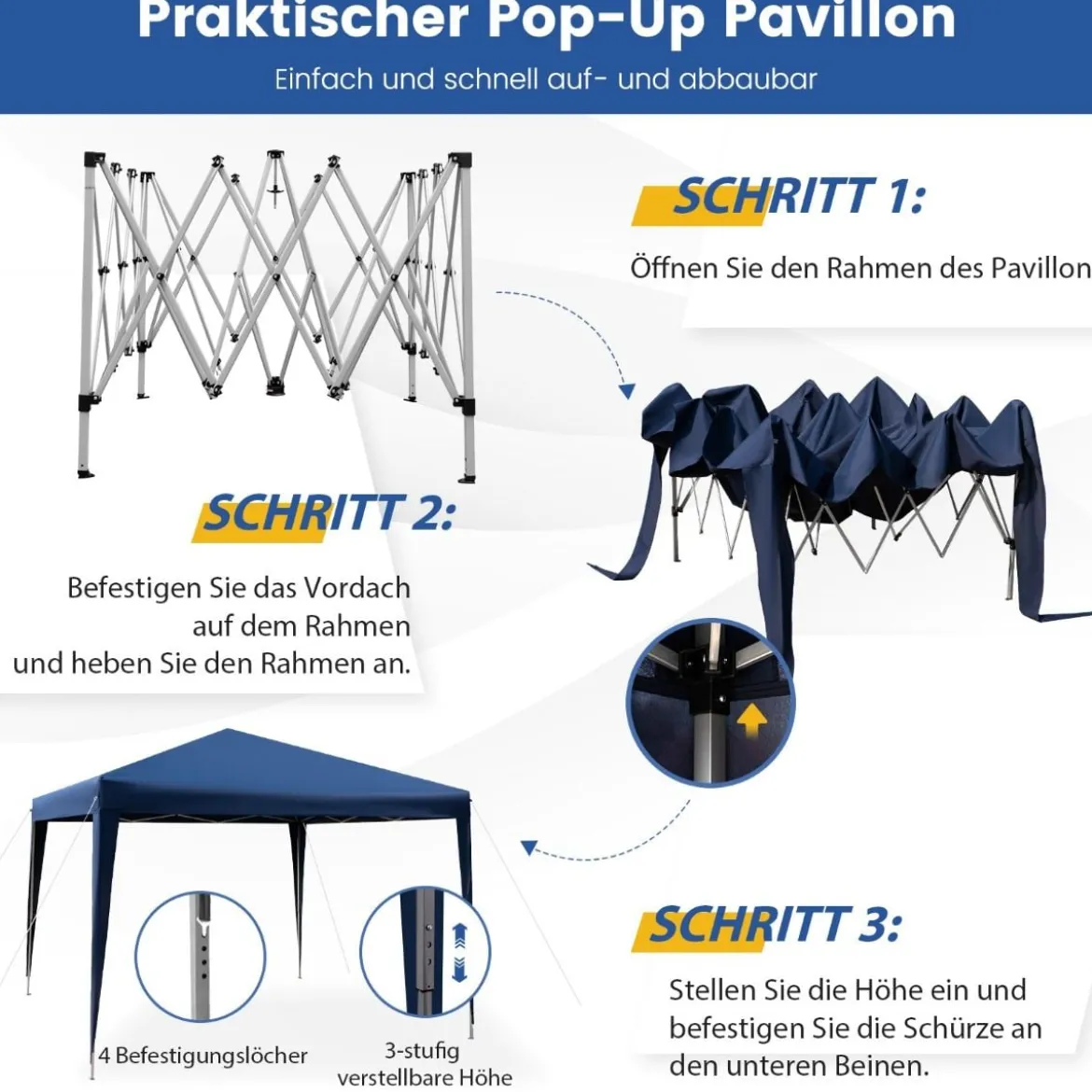 3 x 3 m Pop-Up Pavillon Strandzelt für den Außenbereich Blau