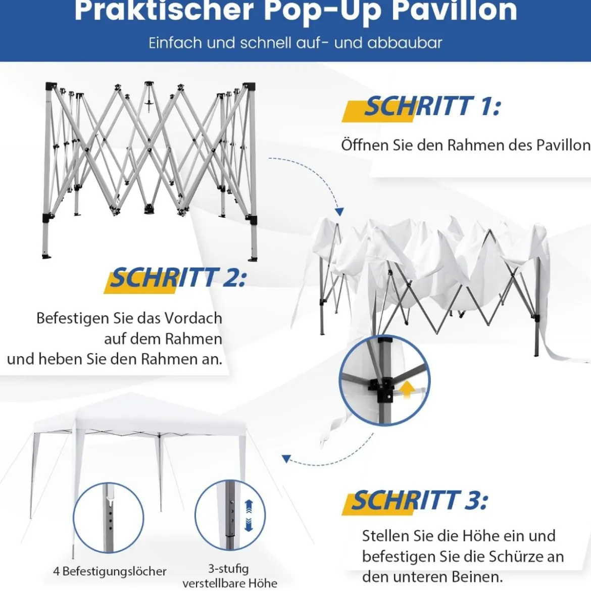 3 x 3 m Pop-Up Pavillon Strandzelt für den Außenbereich Weiß