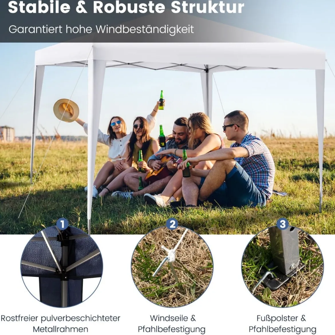 3 x 3 m Pop-Up Pavillon Strandzelt für den Außenbereich Weiß