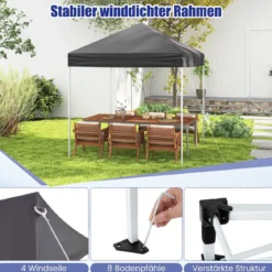2 x 2m Pop-up Pavillon Wasserdichter Faltpavillon Winterfester Gartenpavillon UV-Schutz 50+ Grau