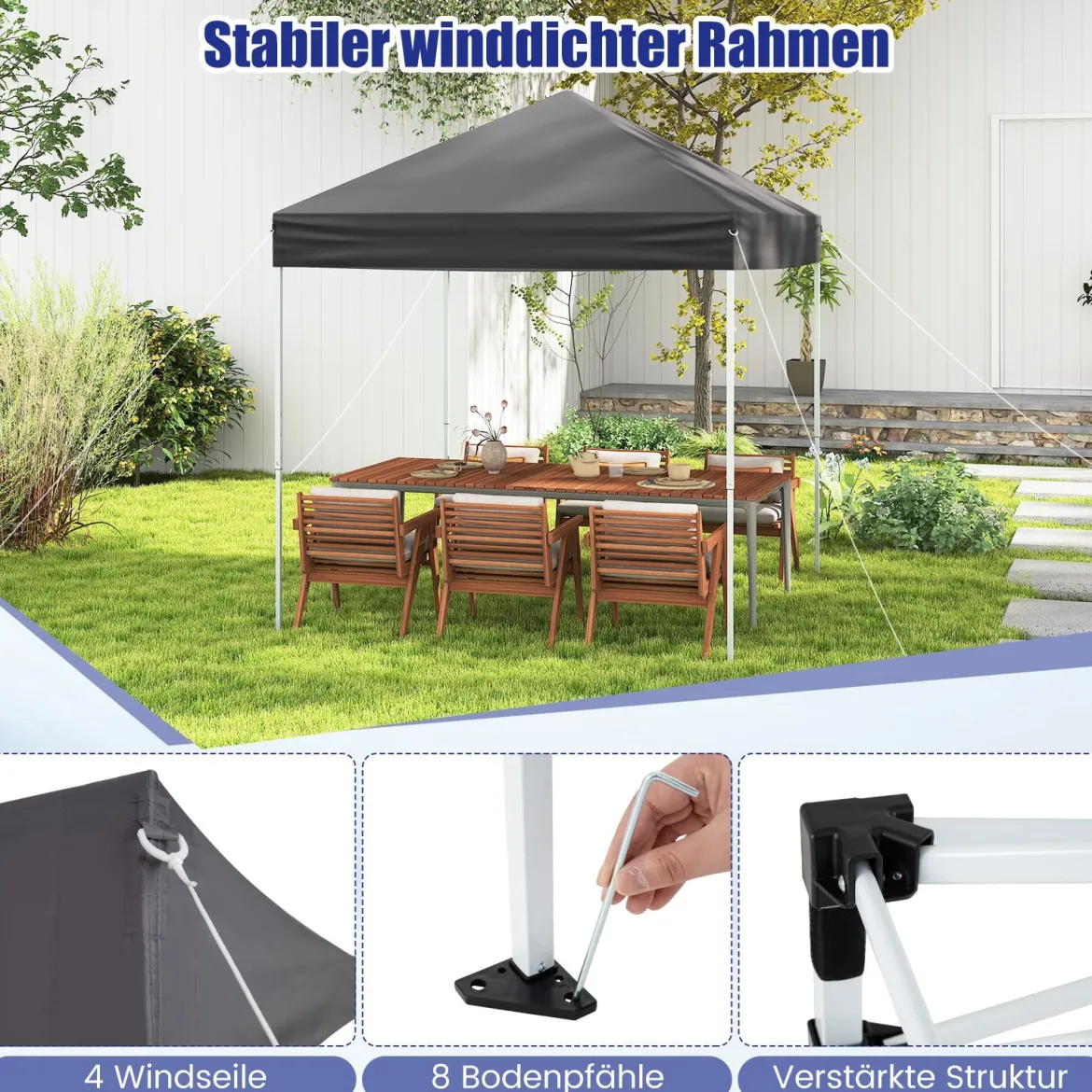 2 x 2m Pop-up Pavillon Wasserdichter Faltpavillon Winterfester Gartenpavillon UV-Schutz 50+ Grau