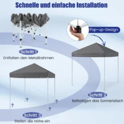 2 x 2m Pop-up Pavillon Wasserdichter Faltpavillon Winterfester Gartenpavillon UV-Schutz 50+ Grau