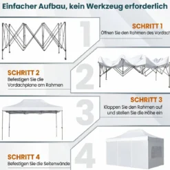 3 x 4,5 m Pop-up-Pavillon Wetterfester Faltpavillon mit 4 Seitenwänden Metallrahmen & Sandsäcken Weiß/Grau