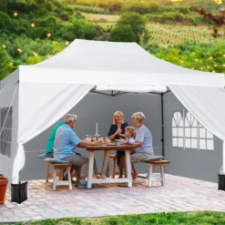 3 x 4,5 m Pop-up-Pavillon Wetterfester Faltpavillon mit 4 Seitenwänden Metallrahmen & Sandsäcken Weiß/Grau