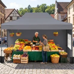 3 x 4,5 m Pop-up-Pavillon Wetterfester Faltpavillon mit 4 Seitenwänden Metallrahmen & Sandsäcken Weiß/Grau