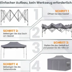 3 x 4,5 m Pop-up-Pavillon Wetterfester Faltpavillon mit 4 Seitenwänden Metallrahmen & Sandsäcken Weiß/Grau
