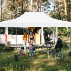 3 x 4,5 m Pop-up-Pavillon Wetterfester Faltpavillon mit 4 Seitenwänden Metallrahmen & Sandsäcken Weiß/Grau