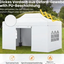 3 x 4,5 m Pop-up-Pavillon Wetterfester Faltpavillon mit 4 Seitenwänden Metallrahmen & Sandsäcken Weiß/Grau