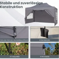 3 x 4,5 m Pop-up-Pavillon Wetterfester Faltpavillon mit 4 Seitenwänden Metallrahmen & Sandsäcken Weiß/Grau