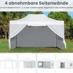 3 x 4,5 m Pop-up-Pavillon Wetterfester Faltpavillon mit 4 Seitenwänden Metallrahmen & Sandsäcken Weiß/Grau