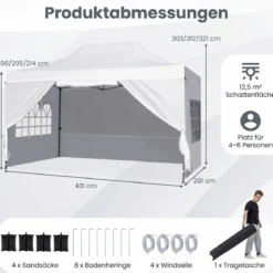 3 x 4,5 m Pop-up-Pavillon Wetterfester Faltpavillon mit 4 Seitenwänden Metallrahmen & Sandsäcken Weiß/Grau