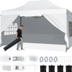 3 x 4,5 m Pop-up-Pavillon Wetterfester Faltpavillon mit 4 Seitenwänden Metallrahmen & Sandsäcken Weiß/Grau