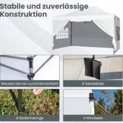 3 x 4,5 m Pop-up-Pavillon Wetterfester Faltpavillon mit 4 Seitenwänden Metallrahmen & Sandsäcken Weiß/Grau