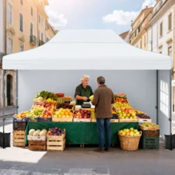 3 x 4,5 m Pop-up-Pavillon Wetterfester Faltpavillon mit 4 Seitenwänden Metallrahmen & Sandsäcken Weiß/Grau