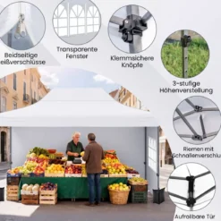 3 x 4,5 m Pop-up-Pavillon Wetterfester Faltpavillon mit 4 Seitenwänden Metallrahmen & Sandsäcken Weiß/Grau