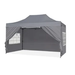 3 x 4,5 m Pop-up-Pavillon Wetterfester Faltpavillon mit 4 Seitenwänden Metallrahmen & Sandsäcken Weiß/Grau