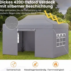 3 x 4,5 m Pop-up-Pavillon Wetterfester Faltpavillon mit 4 Seitenwänden Metallrahmen & Sandsäcken Weiß/Grau