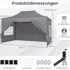 3 x 4,5 m Pop-up-Pavillon Wetterfester Faltpavillon mit 4 Seitenwänden Metallrahmen & Sandsäcken Weiß/Grau