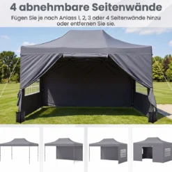 3 x 4,5 m Pop-up-Pavillon Wetterfester Faltpavillon mit 4 Seitenwänden Metallrahmen & Sandsäcken Weiß/Grau