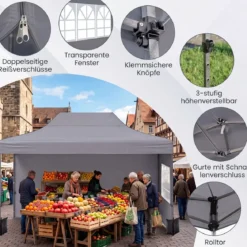 3 x 4,5 m Pop-up-Pavillon Wetterfester Faltpavillon mit 4 Seitenwänden Metallrahmen & Sandsäcken Weiß/Grau