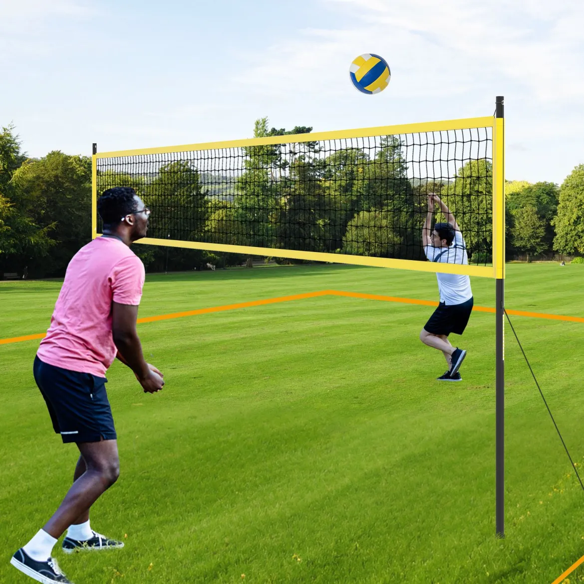 9,5 x 1 m Volleyballnetz Pool Volleyball Netz Höhenverstellbar mit Ständer Beachvolleyball Gelb