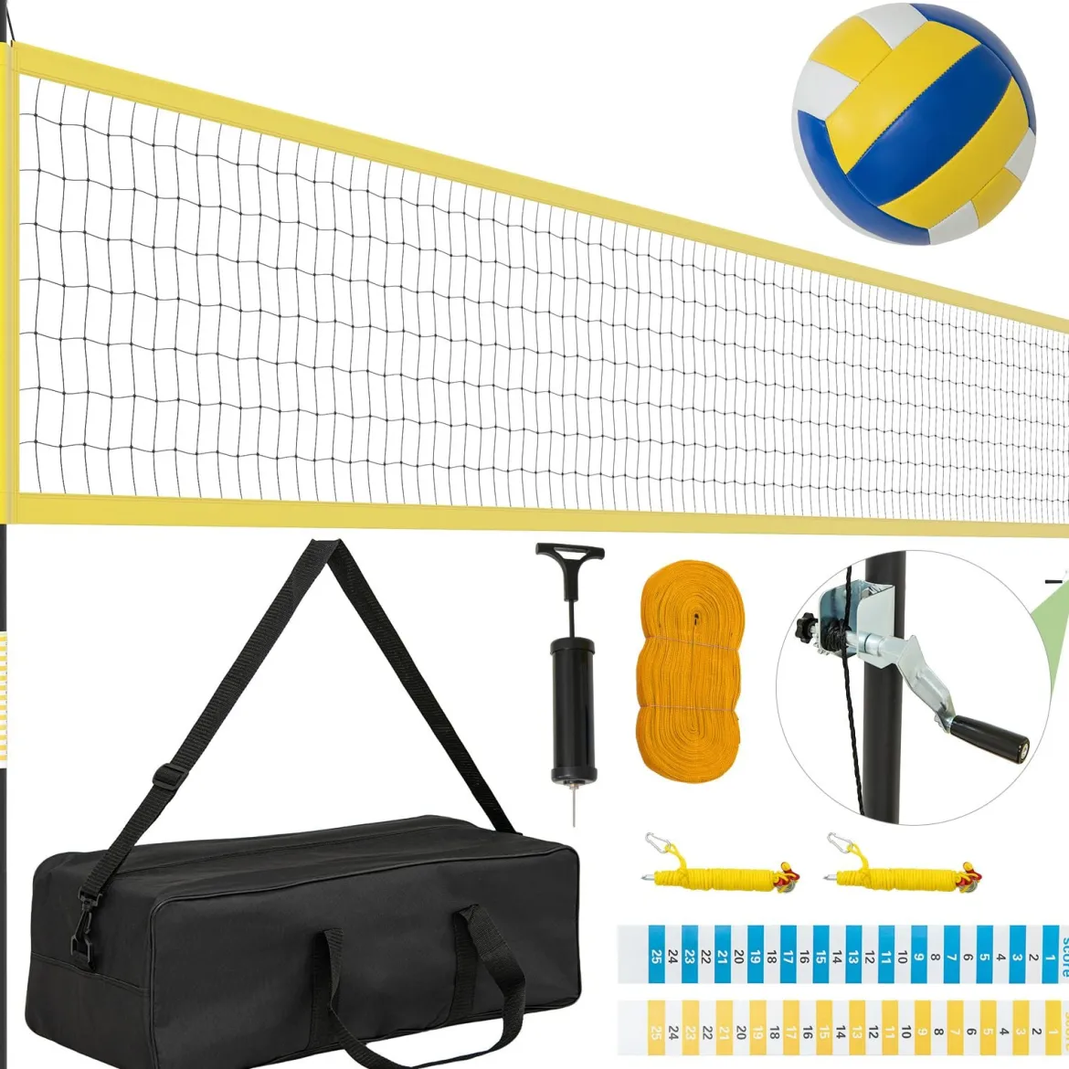 9,5 x 1 m Volleyballnetz Pool Volleyball Netz Höhenverstellbar mit Ständer Beachvolleyball Gelb