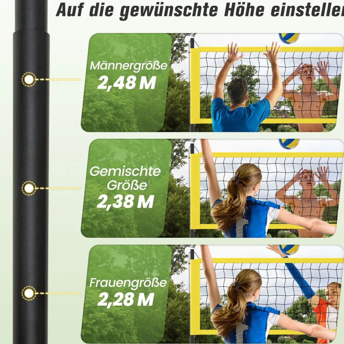 9,5 x 1 m Volleyballnetz Pool Volleyball Netz Höhenverstellbar mit Ständer Beachvolleyball Gelb