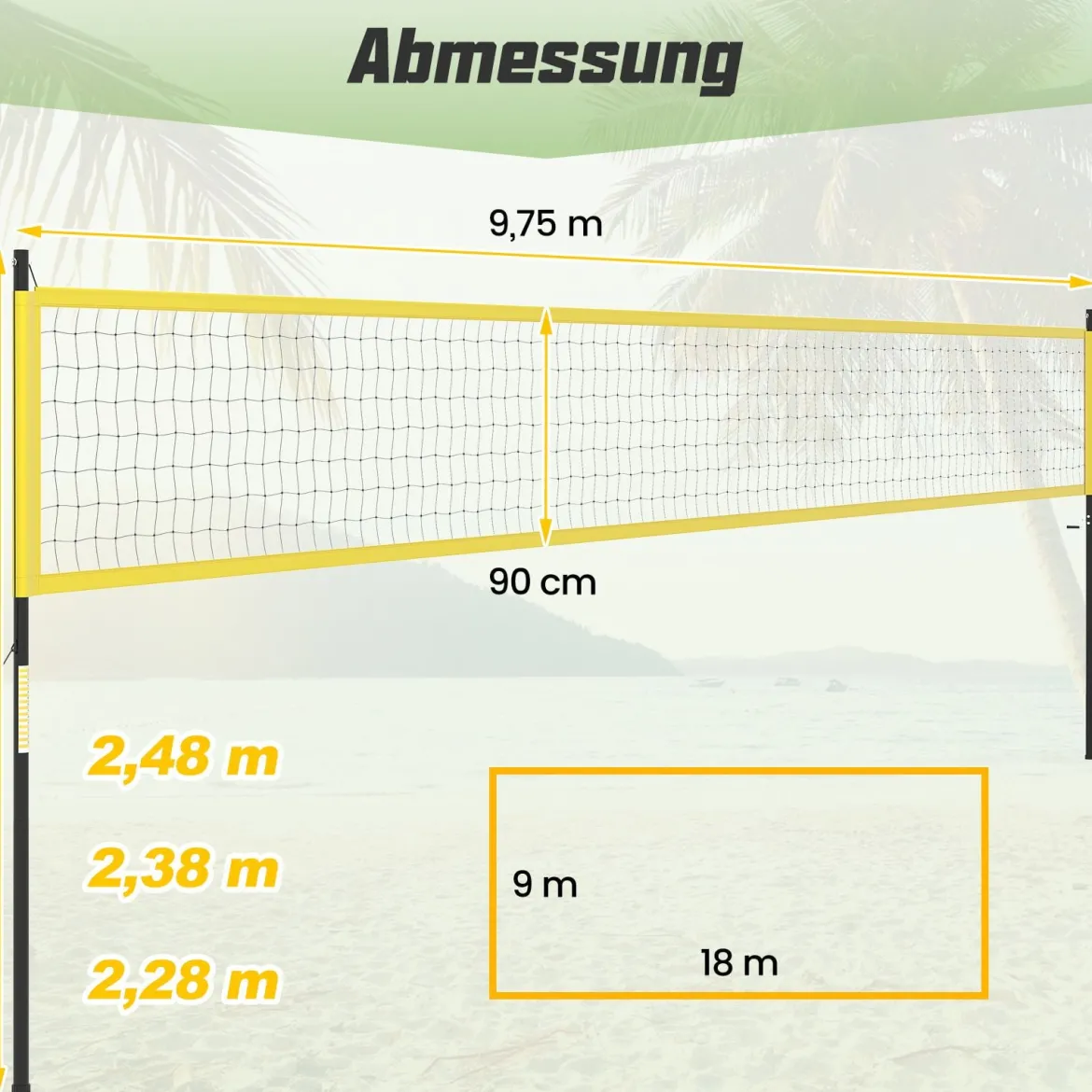 9,5 x 1 m Volleyballnetz Pool Volleyball Netz Höhenverstellbar mit Ständer Beachvolleyball Gelb