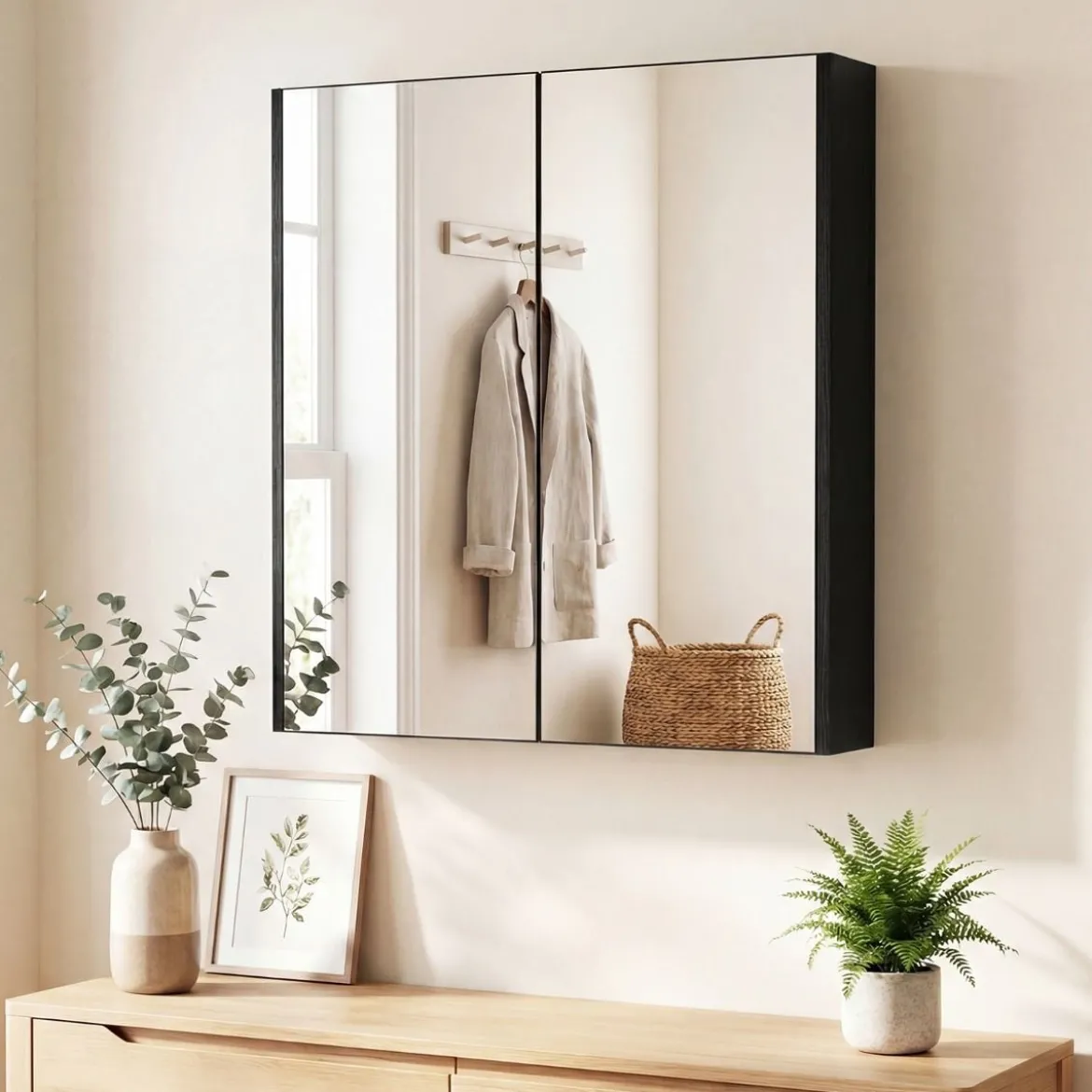 62 X 11 X 65 Cm Badezimmerschrank Mit Spiegeltüren Ablage Hängeschrank Badmöbel Holz Für Bad Rustikales Braun/Weiß/Schwarz