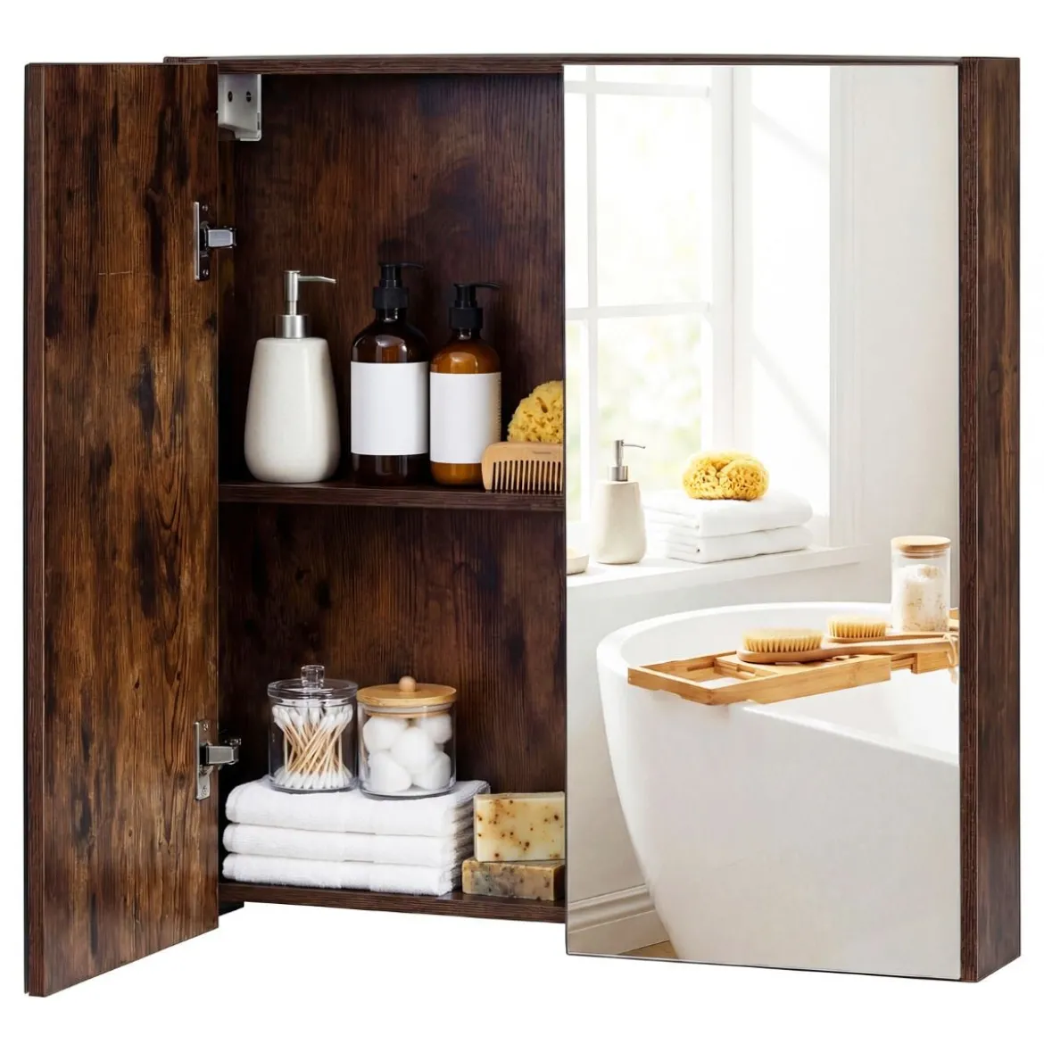 62 X 11 X 65 Cm Badezimmerschrank Mit Spiegeltüren Ablage Hängeschrank Badmöbel Holz Für Bad Rustikales Braun/Weiß/Schwarz