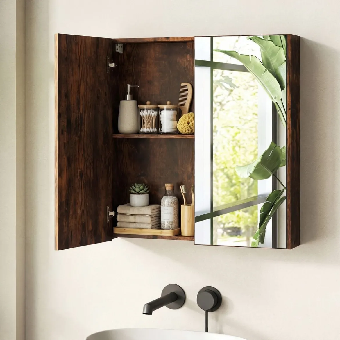 62 X 11 X 65 Cm Badezimmerschrank Mit Spiegeltüren Ablage Hängeschrank Badmöbel Holz Für Bad Rustikales Braun/Weiß/Schwarz