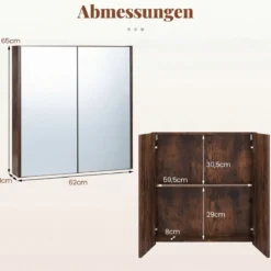 62 X 11 X 65 Cm Badezimmerschrank Mit Spiegeltüren Ablage Hängeschrank Badmöbel Holz Für Bad Rustikales Braun/Weiß/Schwarz