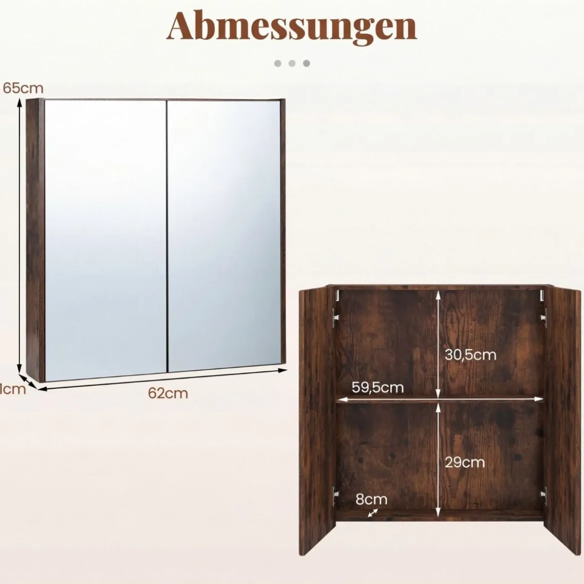 62 X 11 X 65 Cm Badezimmerschrank Mit Spiegeltüren Ablage Hängeschrank Badmöbel Holz Für Bad Rustikales Braun/Weiß/Schwarz