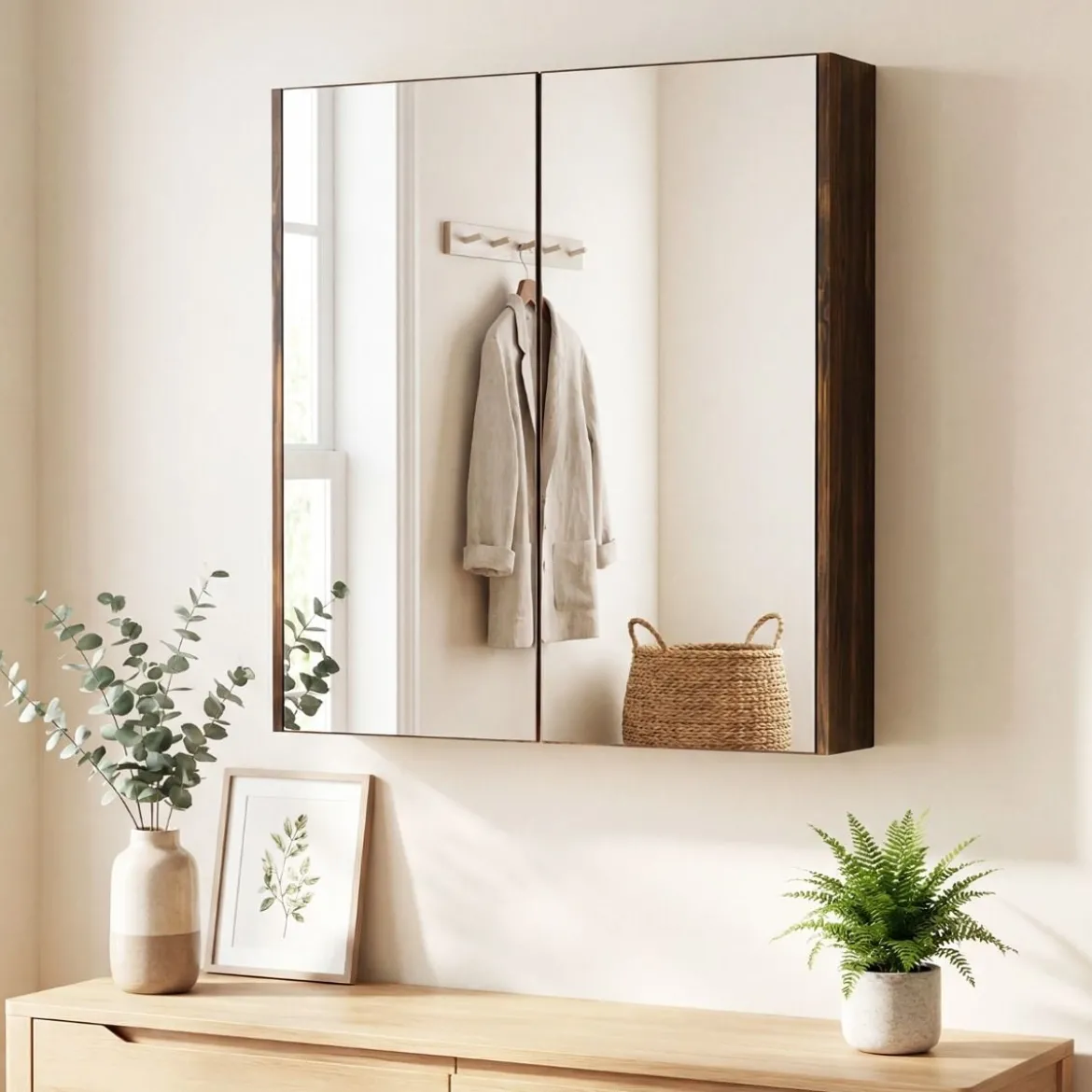 62 X 11 X 65 Cm Badezimmerschrank Mit Spiegeltüren Ablage Hängeschrank Badmöbel Holz Für Bad Rustikales Braun/Weiß/Schwarz