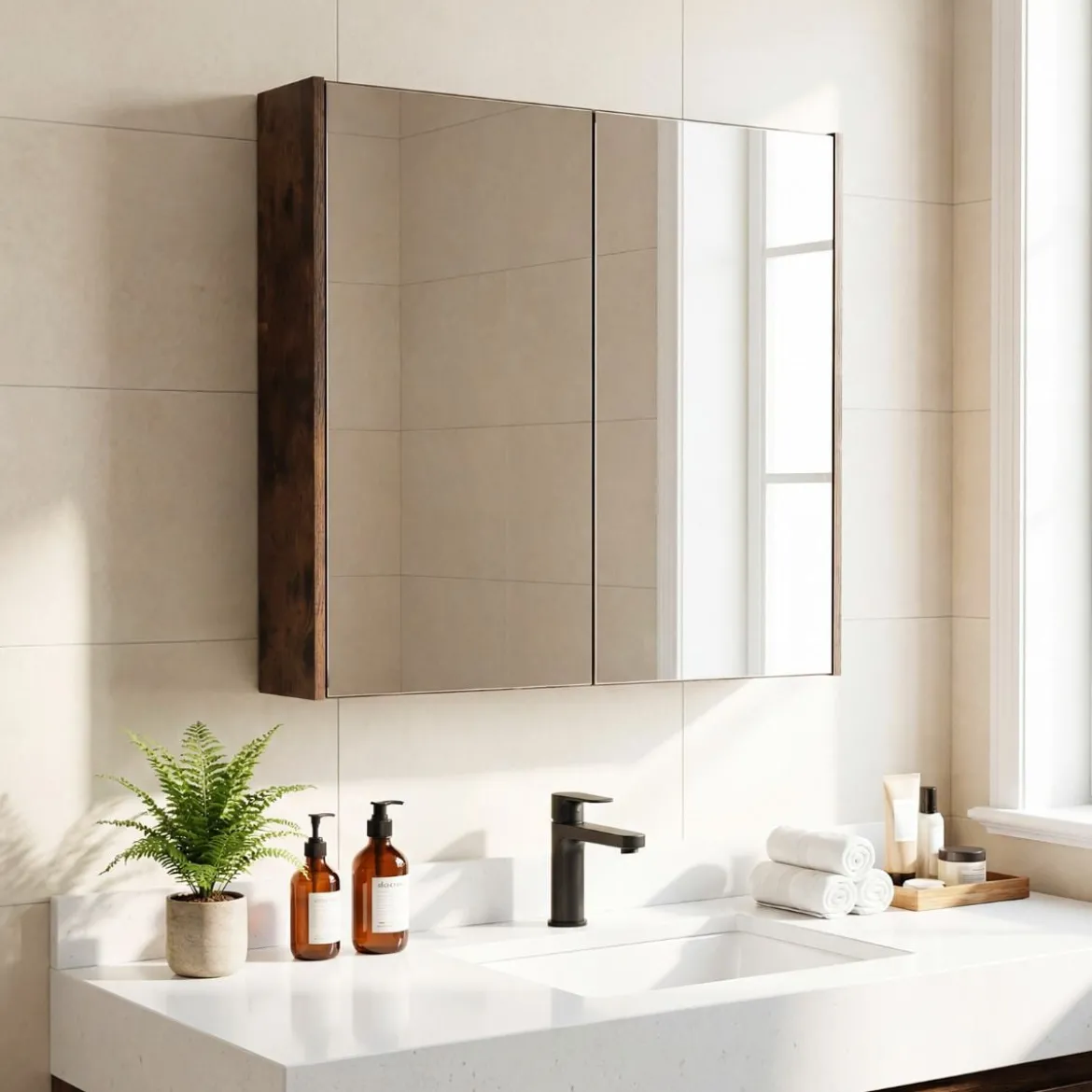 62 X 11 X 65 Cm Badezimmerschrank Mit Spiegeltüren Ablage Hängeschrank Badmöbel Holz Für Bad Rustikales Braun/Weiß/Schwarz