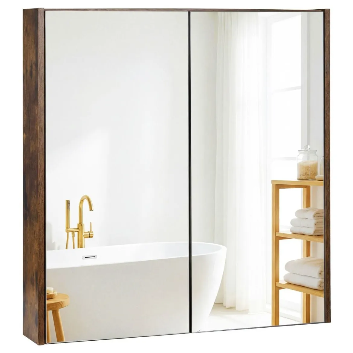 62 X 11 X 65 Cm Badezimmerschrank Mit Spiegeltüren Ablage Hängeschrank Badmöbel Holz Für Bad Rustikales Braun/Weiß/Schwarz