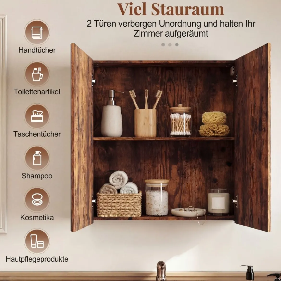 62 X 11 X 65 Cm Badezimmerschrank Mit Spiegeltüren Ablage Hängeschrank Badmöbel Holz Für Bad Rustikales Braun/Weiß/Schwarz