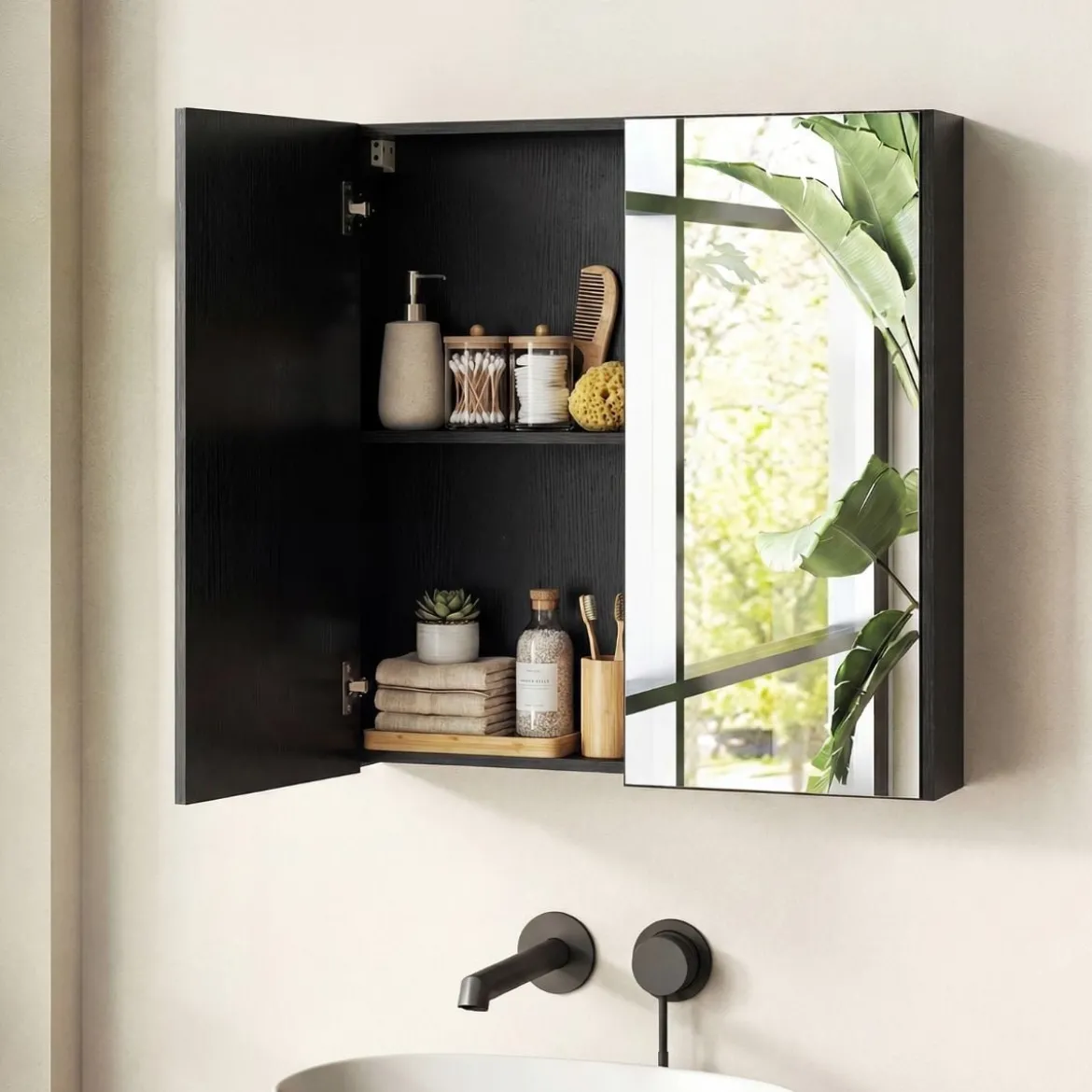 62 X 11 X 65 Cm Badezimmerschrank Mit Spiegeltüren Ablage Hängeschrank Badmöbel Holz Für Bad Rustikales Braun/Weiß/Schwarz