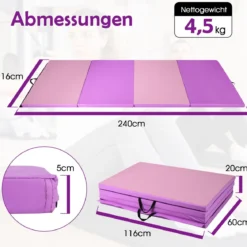 240 x 116 x 5 cm Faltbare Gymnastikmatte Gymnastikmatte Fitnessmatte Gymnastikmatte mit Tragegriffen Lila + Rosa