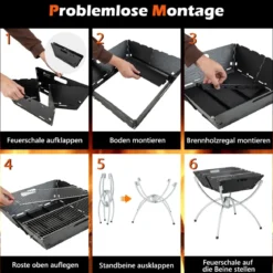 45 x 45 x 49 cm 3 in 1 Feuerstelle mit Edelstahlgrillrosten & Tragetasche & Handschuhen Campinggrill