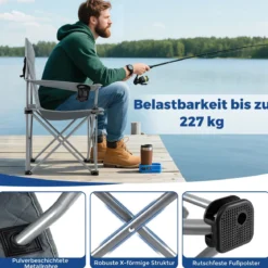 XXL Faltbarer Campingstuhl mit Kühltasche & Getränkehalter 227KG Belastbar Gepolsterter Angelstuhl Grau