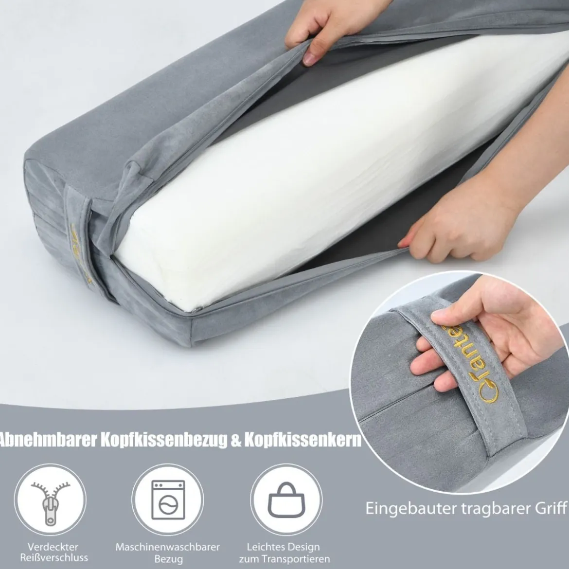 Yogakissen Schaumstoff Yogabolster mit Tragegriff Yoga Rolle mit abnehmbarem Wildlederbezug Grau
